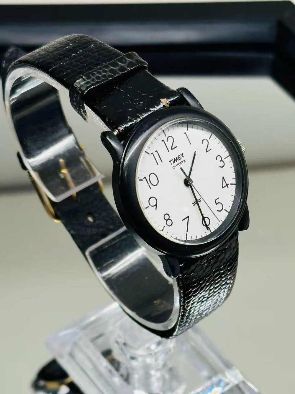 Vintage Timex Quartz Black Case White Dial Men Watch 32mm New Battery Running